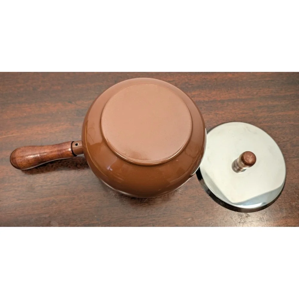 Vintage 1970s Brown Enamel Fondue Pot 6 Color Coded Forks Wood Handles Retro